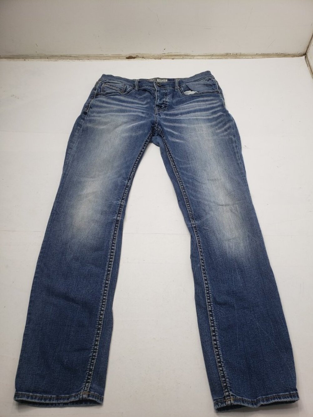 BKE Nolan Men's Jeans 34L Blue Denim Straight Leg Stretch Button Fly Distressed